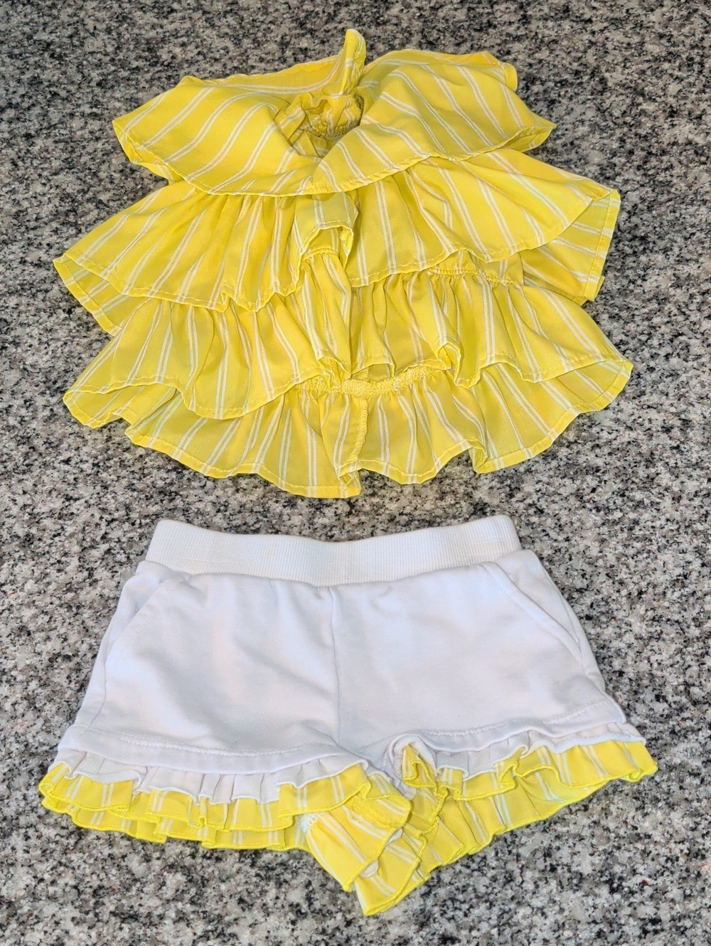 Habitual Yellow Striped Ruffle Top with White Shorts